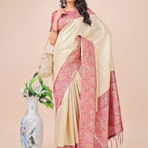 Cream Lichi Silk Saree
