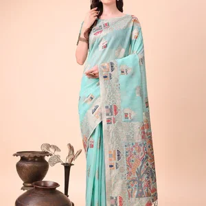 Sky Blue Linen Cotton Saree