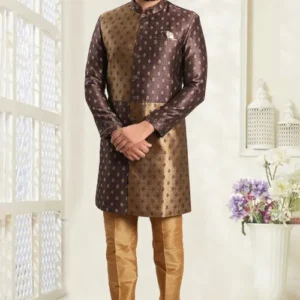 Woven Art Silk Jacquard Asymmetric Sherwani in Brown