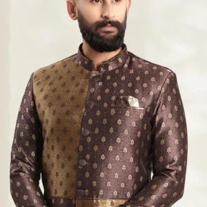 Woven Art Silk Jacquard Asymmetric Sherwani in Brown