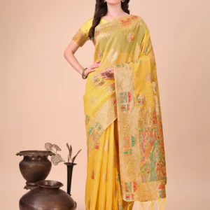 Yellow Linen Cotton Saree