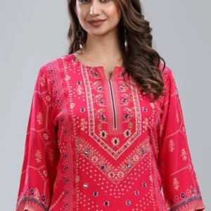 Digital Printed Chinon Silk Suit in Fuchsia