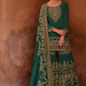Digital Printed Crepe Suit in Teal Green