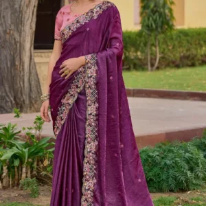 Embroidered Art Silk Crushed Saree in Purple