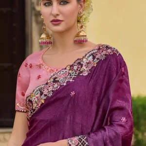 Embroidered Art Silk Crushed Saree in Purple