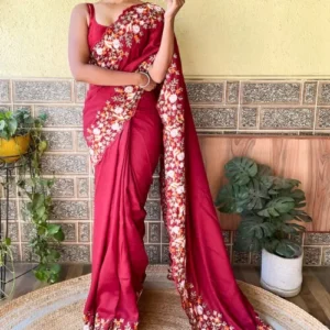 Embroidered Border Art Silk Scalloped Saree in Maroon