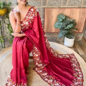 Embroidered Border Art Silk Scalloped Saree in Maroon