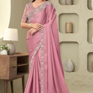 Embroidered Border Satin Georgette Saree in Pink