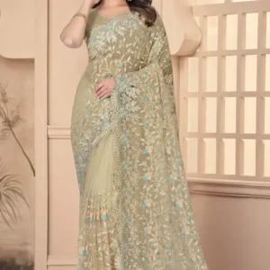 Embroidered Net Scalloped Saree in Beige