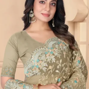 Embroidered Net Scalloped Saree in Beige
