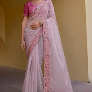 Embroidered Organza Silk Saree in Light Purple