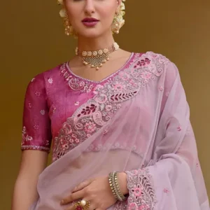 Embroidered Organza Silk Saree in Light Purple