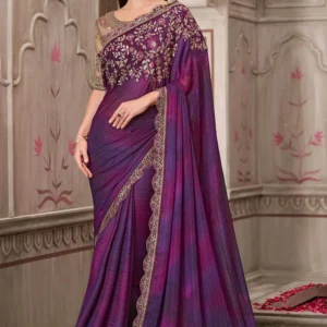 Embroidered Satin Georgette Scalloped Saree in Purple