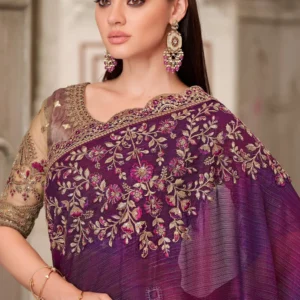 Embroidered Satin Georgette Scalloped Saree in Purple