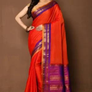 Handloom Cotton Silk Gadwal Saree in Orange