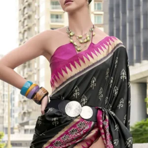 Ikat Printed Art Silk Saree in Black