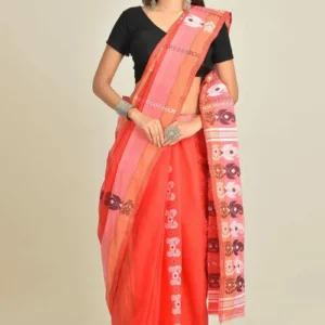 Tant Cotton Saree in Coral Red