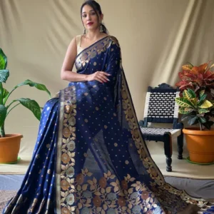 Woven Art Silk Saree in Navy Blue