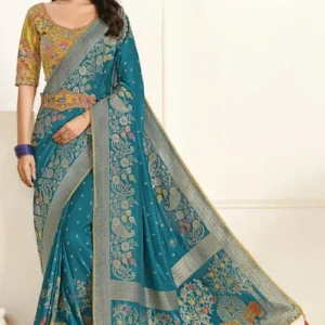 Woven Art Silk Scalloped Saree in Teal Blue