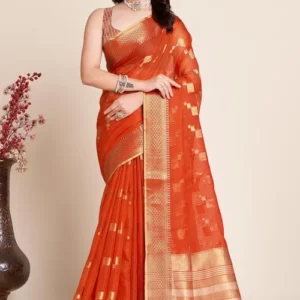 Woven Kota Doria Saree in Orange