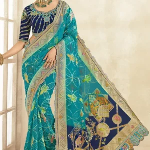 Woven Organza Scalloped Saree in Yellow