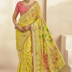 Woven Organza Scalloped Saree in Yellow