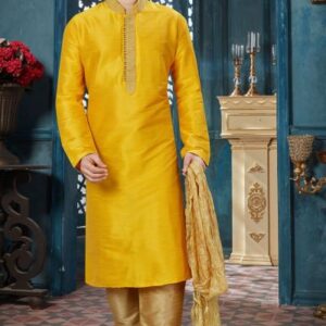 Yellow Art Dupion Men’s Kurta Pajama