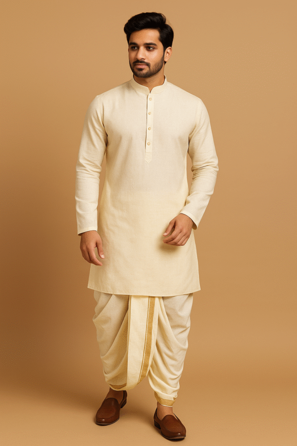Beige Linen Kurta with a buttoned placket
