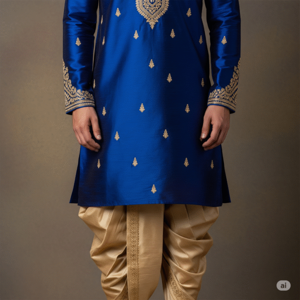 Royal Blue Silk Kurta with Beige Silk Dhoti - Image 2