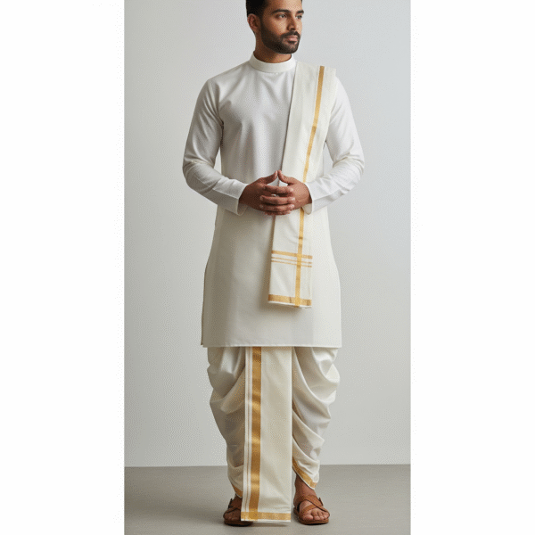 White Cotton Kurta with Traditional Off-White Dhoti - Image 2