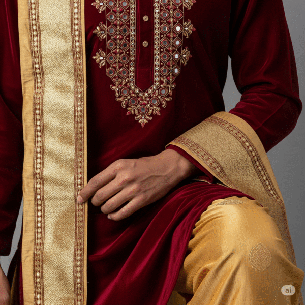 Regal Maroon and Gold Dhoti Kurta - Image 3