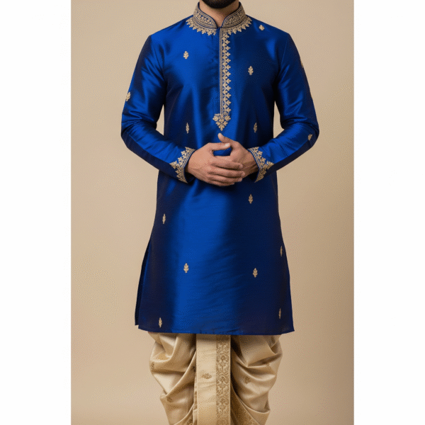 Royal Blue Silk Kurta with Beige Silk Dhoti