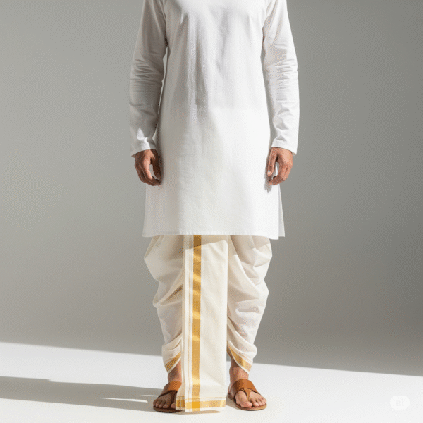 White Cotton Kurta with Traditional Off-White Dhoti - Image 3