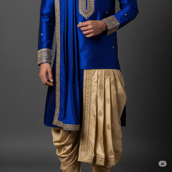 Royal Blue Silk Kurta with Beige Silk Dhoti - Image 3