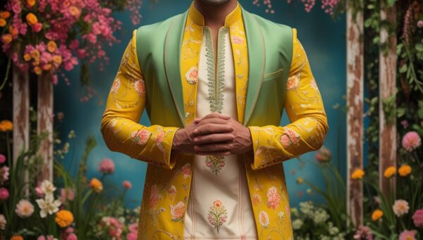 Bright Yellow Kurta with Floral Prints - Image 3