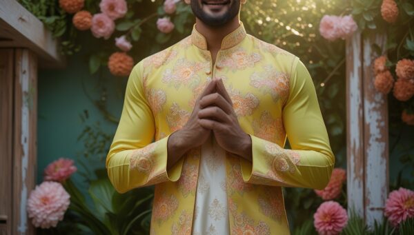 Bright Yellow Kurta with Floral Prints - Image 4