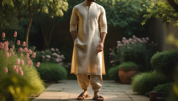 Beige Linen Kurta with a buttoned placket - Image 4