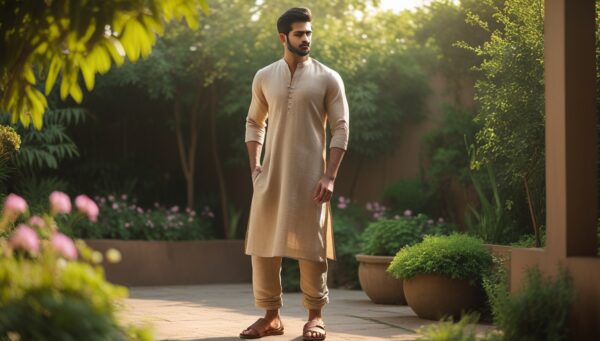 Beige Linen Kurta with a buttoned placket - Image 3