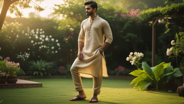 Beige Linen Kurta with a buttoned placket - Image 2