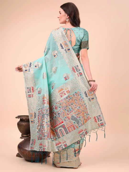 Sky Blue Linen Cotton Saree - Image 3