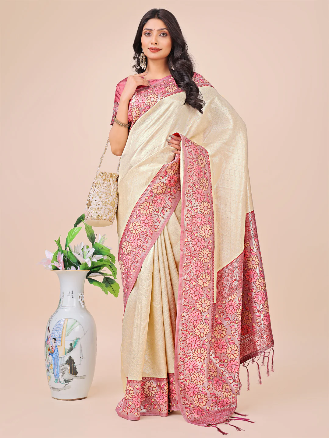 Cream Lichi Silk Saree