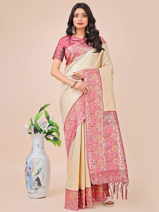 Cream Lichi Silk Saree - Image 2