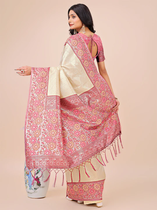 Cream Lichi Silk Saree - Image 3