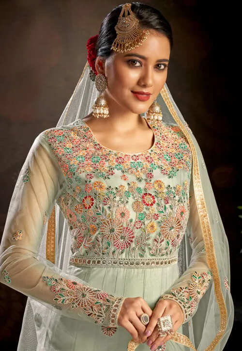 Embroidered Net Abaya Style Suit in Sea Green - Image 3