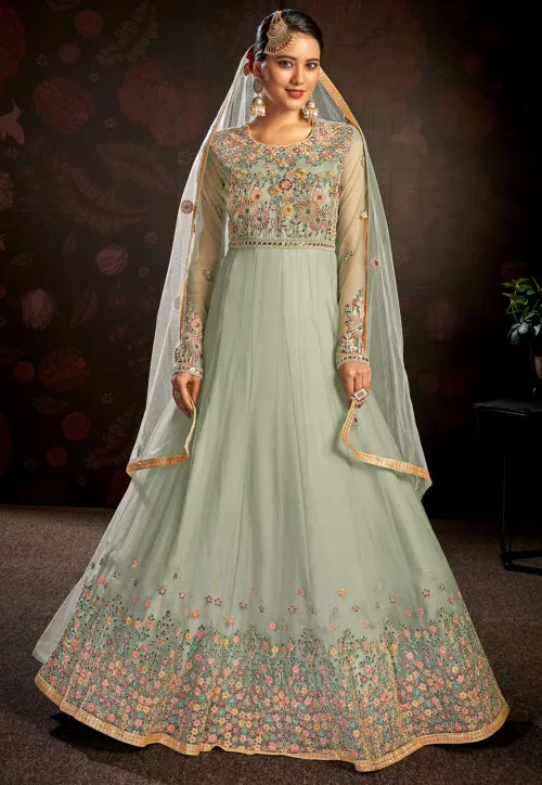 Embroidered Net Abaya Style Suit in Sea Green - Image 2