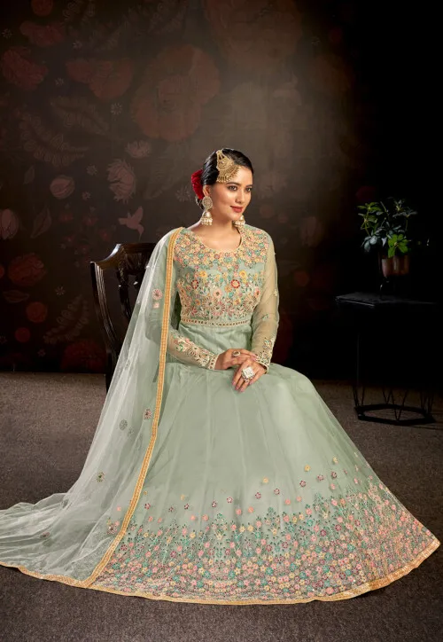 Embroidered Net Abaya Style Suit in Sea Green