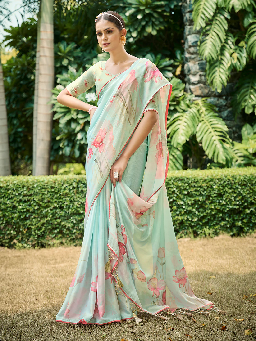 Firozi Poly Chiffon Daily Wear Saree