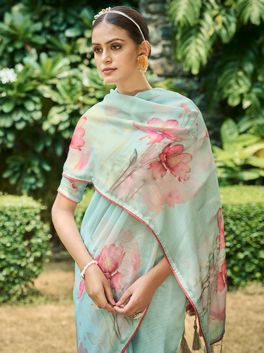 Firozi Poly Chiffon Daily Wear Saree - Image 3