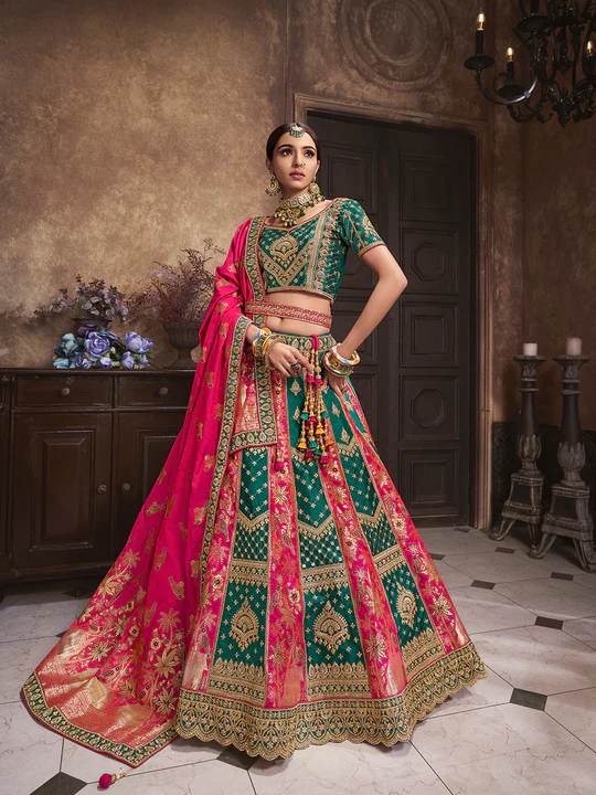 Green & Green Banarasi Silk Lehenga Choli - Image 2