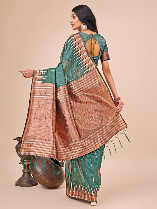 Green Linen Cotton Saree - Image 2